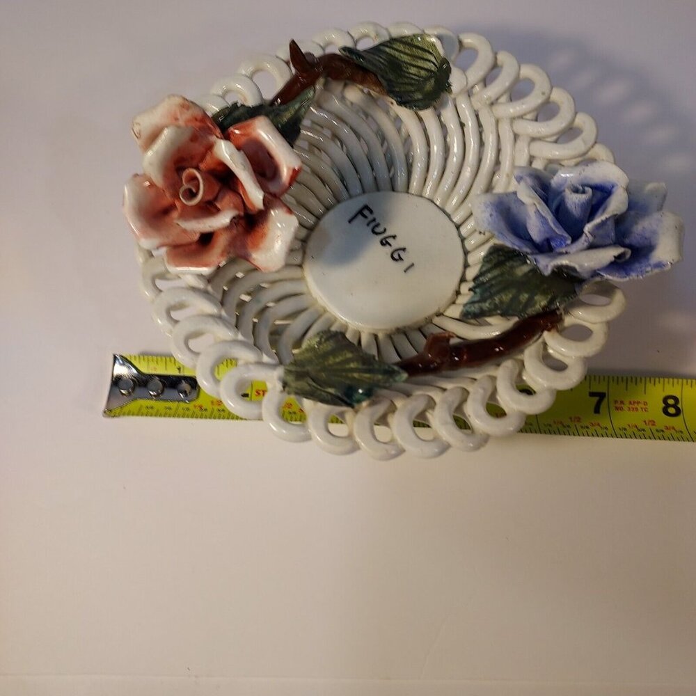 Vintage Italian Handmade Woven Lattice Basket Bowl RED WHITE & BLUE ROSES - Picture 6 of 16